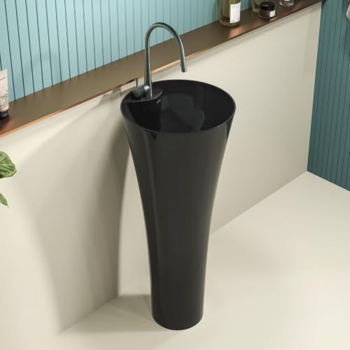 Image of LAPO Pedestal Wash Basin, Ceramic Standing Pedestal Wash Basin for Bathroom, One Piece Wash Basin for Bathroom and Living Room and Home 15x15x31.5 Inch, Black) -MID