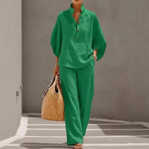 Conjunto de lino para mujer ropa de dos piezas camisa de botones y pantalones de pierna ancha 4