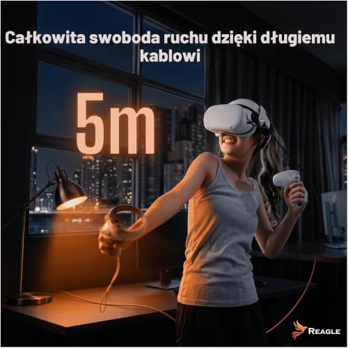Reagle Kabel Kątowy 5M do Oculus Link SteamVR Meta Quest 2 3 3S Pico USB C USB C 10 Gb/s USB 3.2 Gen 2 3A Wtyczka Nylonowy Oplot