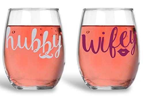 Hubby and Wifey Couples Sets - Funny 15oz Crystal Wine Glass - Stemless