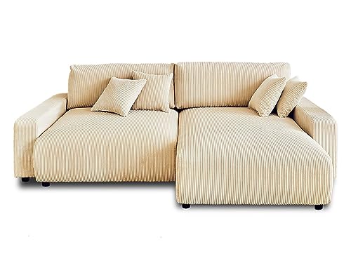Lisa Design Pivoine – Ecksofa beidseitig montierbar– 4-Sitzer– Schlaffunktion mit Bettkasten – aus Cord Beige