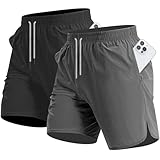 CANGHPGIN 2 Pack Men's Running Athletic Shorts 7'' Quick Dry Sports Gym Shorts with Pockets, Lightweight Exercise Workout Shorts Men Black/Dark Grey