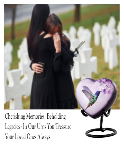 Hummingbird Heart Keepsake Urn, Hummingbird Mini Heart Urn for Ashes, Hand Painted Sharing Heart Urn with Stand, Velvet Case & Bag (Heart Keepsake)