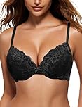 WingsLove Women's Push up Bra Floral Lace Padded Underwire Bra Demi Plunge (Black 34B)