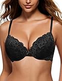 Wingslove Damen Push Up BH mit floraler Spitze gepolsterter Bügel BH Komfort BH, Schwarz, 34A / 75A
