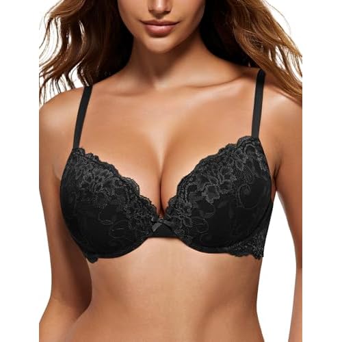 Wingslove Damen Push Up BH mit floraler Spitze gepolsterter Bügel BH Komfort BH, Schwarz, 34B / 75B