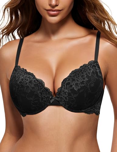 Wingslove Damen Push Up BH mit floraler Spitze gepolsterter Bügel BH Komfort BH, Schwarz, 38B / 85B