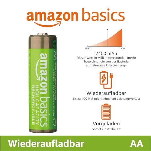 Amazon Basics 24 paketov visokozmogljivih 2400 mAh 1,2 V AA baterij za ponovno polnjenje NiMH, ki jih je mogoče ponovno napolniti do 400-krat, predhodno napolnjene