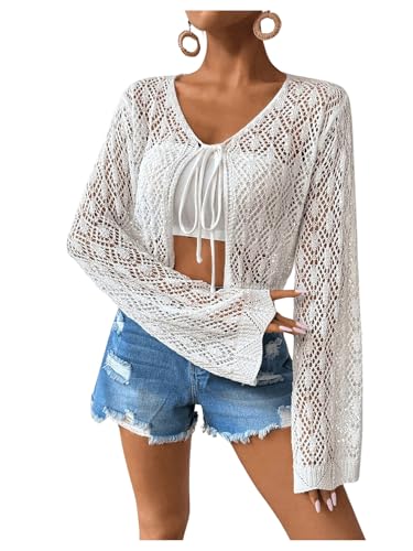 SweatyRocks Women's Tie Front Crop Cardigan Hollow Out Long Sleeve Lightweight Knit Tops