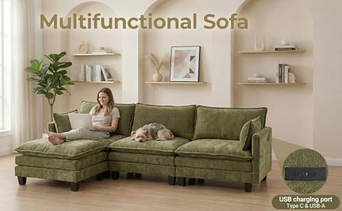 Image of 110.4 inch L Shaped Modular Sectional Sofa, Comfy Upholstery Chenille Cloud Couch with USB, Modern 4-Seat Deep Seat Sofa with Ottoman for Living Room, Apartment, Green