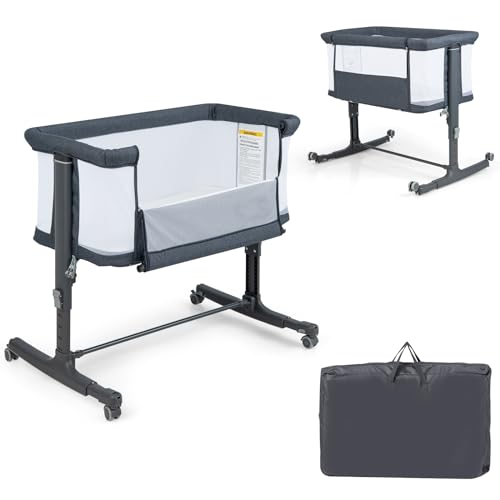 Goplus Cuna De Bebé 3 En 1, Cuna Cododo Portátil Con Colchón Desmontable, Altura Ajustable, Bolsillos De Almacenaje Y Ruedas Bloqueables, Cuna De Viaje Con Bolsa De Transporte, 86 X 63 X 81 Cm, Negro Goplus Cuna De Bebé 3 En 1, Cuna Cododo Portátil Con Colchón Desmontable, Altura Ajustable, Bolsillos De Almacenaje Y Ruedas Bloqueables, Cuna De Viaje Con Bolsa De Transporte, 86 X 63 X 81 Cm, Negro