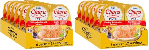 Image of INABA Churu Entree Pate for Cats, Grain-Free, High Protein & Moisture, Prebiotic Wet Cat Food, 1.23oz. per Serving, 12 Servings, Chicken Recipe with Salmon (Pack of 2)