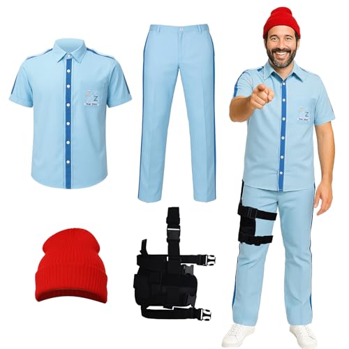 LiuzilaiST Mens Aquatic Life Costume Steve Zissou Short Shirt Pants Red Beanie Suits Set Halloween Cosplay Outfits (X-Large)