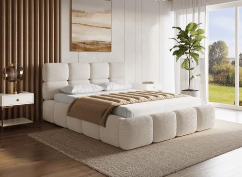 DecoInParis Lit Coffre en Tissu Bouclette Beige 140x190 cm Bubble