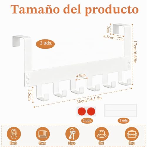 Miniatura 2 de Flying Pottery Perchero Para Puerta Sin Taladrar Con 6 Ganchos, Colgador De Puerta Metálico, Gancho Puerta Resistente Para Baño Dormitorio Cocina, Organizador Ahorrador De Espacio Blanco