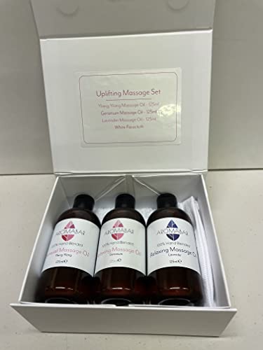 Relaxing, Sensual and Uplifting Massage Oil Gift Set (3 x 125ml) with Pure Lavender, Ylang Ylang and Geranium Essential Oils with Cotton facecloth Boxed