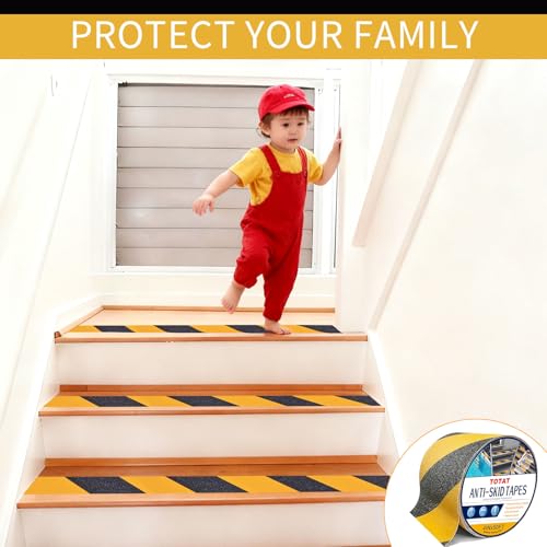 Image of Black & Yellow Anti-Slip Stair Treads Tape,4 inch x50FT Heavy Duty Non-Skid Grip Tape for Indoor /Outdoor Steps, Bathroom & Pool - PVC Waterproof Safety Traction Tape
