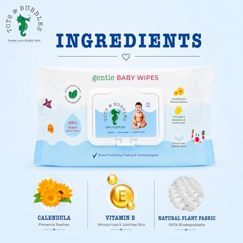 Image of Tots & Bubbles 99% Pure Water Baby Wipes | Plant Based, Unscented Newborn Wet Wipes, Thick & Gentle for Sensitive Skin - 72 Count with Lid (Pack of 4)