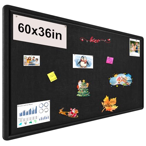 bcabo Large Felt Bulletin Board, 60x36 Inches, Black, Textured Finish, No Frame, Wall Mount, Machine Manufactured, Includes 36 Pushpins