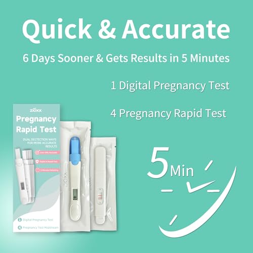 Image of ZIOXX Digital Pregnancy Test Combo Pack, 1 Digital Pregnancy Test + 4 Rapid Early Detection Pregnancy Test Sticks for Women, 6 Days Sooner Detection and Over 99% Accurate Pregnancy Test, 5 Ct