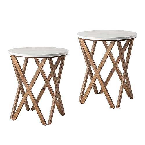 COZAYH Pedestal Farmhouse End Table Set of 2, Distressed White Top with 4-Legs Base for Modern Farmhouse, Boho Decor, Round