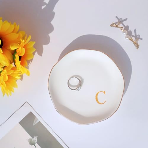 Image of Ceramic Jewelry Tray Initial Ring Dish Personalized C-Monogrammed Engagement Wedding Gifts, for Birthday Mother's Day Christmas for Women, Ceramic White 4.75 inch (C)