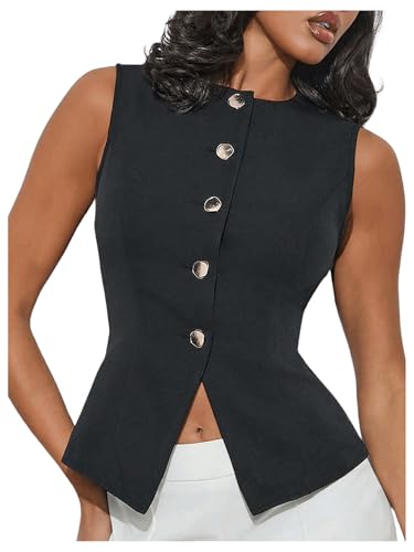 MakeMeChic Women's Vest Top Crew Neck Button Down Casual Blazer Vests Sleeveless Work Office Tops
