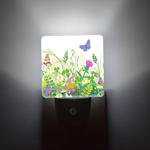 Image of Spring Butterfly Plug-in LED Night Light,Floral Wildflowers Auto Dusk to Dawn Sensor Nightlights Plug into Wall,Flower White Energy Efficient Night light for Bedroom,Bathroom,Kitchen,Stairs,Hallway