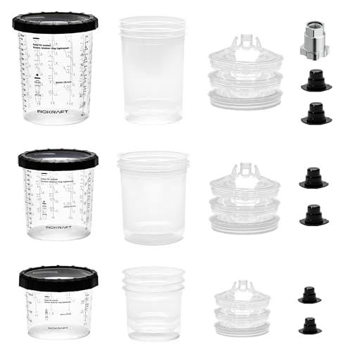 InoKraft Pistola de pintura desechable, 3 tamaños de taza de 6 onzas, 22 onzas, 28 onzas, juego variado de 3 forros y coladores de tapa de cada tamaño, 3 vasos duros, sistema de pintura para pistola