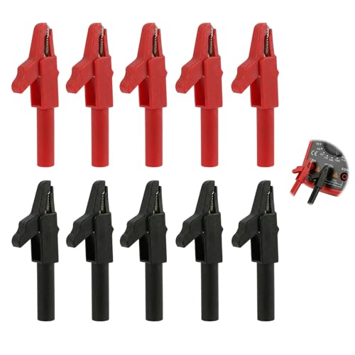 10PCS Pinces Crocodiles Robustes Entièrement Isolées, Fiches Banane 4 mm en cuivre, Pince Crocodile Batterie et Multimètre, Pinces Crocodiles pour Tests...