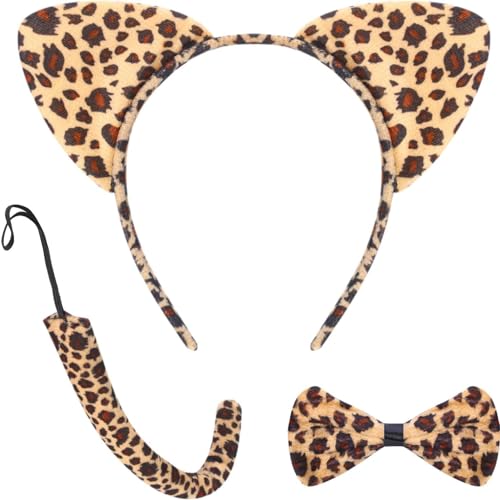 Conjunto de orelhas de diadema conjunto de disfarce animal de orelhas cauda borboleta acessório de decoração de festa de disfarces (leopardo)