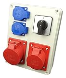 Baustromverteiler 16A 32A 5P, 2x Schuko mit Schalter 0-1. Wandverteiler CEE 400V und Schuko 230V in einem Gehäuse. PCE steckdosen IP44
