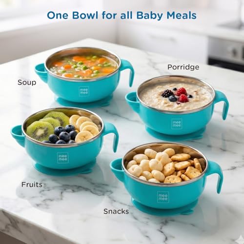 Image of Mee Mee Temperature Control Feeding Bowl with Lid | Silicone Suction Base | Keeps Food Warm 30 Min | Stainless Steel Inner Bowl | BPA-Free | 6+ Months | Airtight Lid | Travel-Friendly