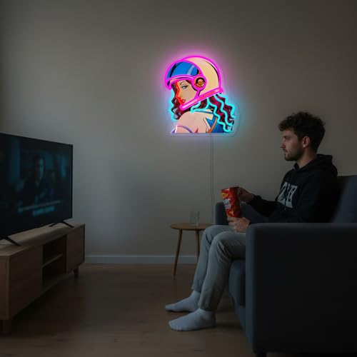 Image of Helmet Girl Neon Sign, Retro Motorcycle Babe LED Neon Light, UV Printed Dimmable Garage Neon Signs for Wall Decor, Man Cave, Bar, Game Room, Bedroom, Gift for Motorcycle Lovers, Riders, Clubs Fans