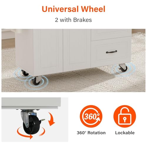 4 EVER WINNER Rolling Kitchen Island on Wheels with Storage, 43" Kitchen Island Cart with Drop Leaf & Spice Rack & 3 Drawers, White