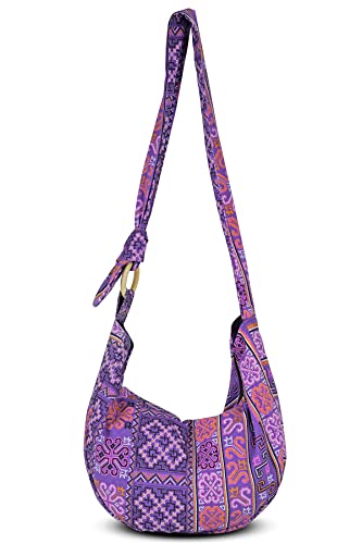 Image of Hobo Crossbody Bag for Women - Handmade Cotton Boho Purse with Wooden Ring | Lightweight Slouchy Shoulder Sling Tote Bag