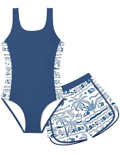 Image of Girls Swimsuit One Piece Swimsuits Color Block Bathing Suit for Girls Adjustable Strap Padded Swimwear with Shorts