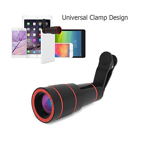 CamDesign 12x Optical Zoom HD Cell Phone Camera Lens, Telephoto Clip-On Lens for Single Lens Phone, Compatible with iOS X/8/7/6s/6 Plus Android Tablet, Used as Monocular Rubber Eyecup Carry Bag