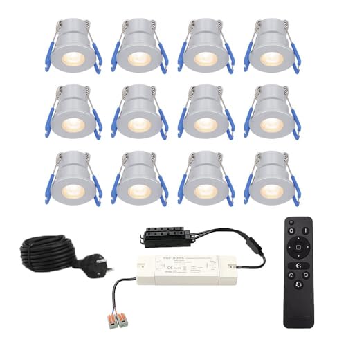 HOFTRONIC - Milano - 12er LED-Einbaustrahler 12 Volt - Beleuchtung Terrassenüberdachung - Dimmbar - Komplettset mit Fernbedienung - 3W - Plug & Play - 2700K 200lm - IP65 wasserdicht - Edelstahl