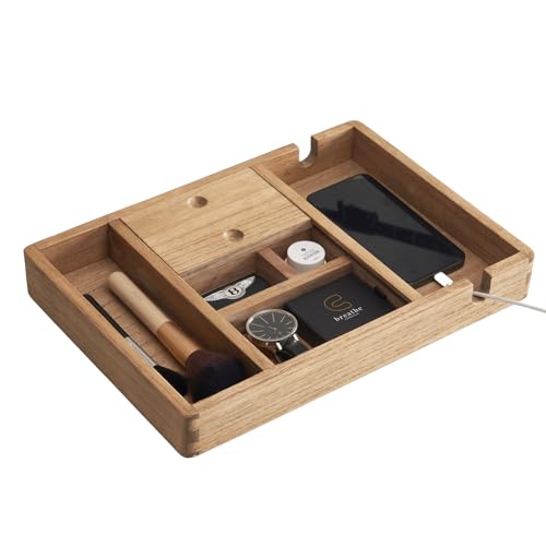 KIRIGEN Wood Nightstand Organizer EDC Jewelry, Valet, Phone Charge Tray for Home Bedroom Brown(SSP-DBR)