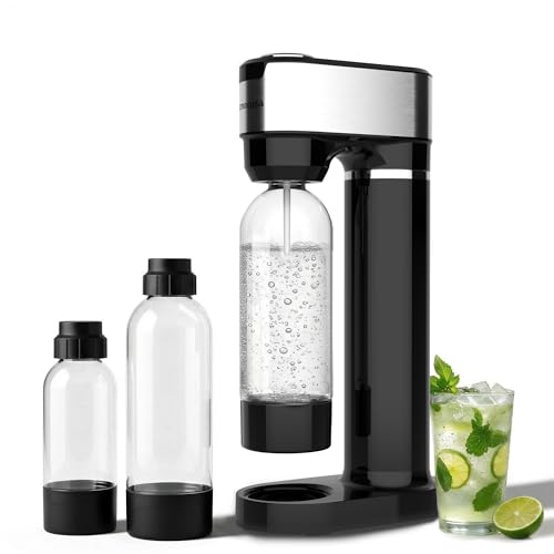Sparkling Water Maker for Home, Soda Streaming Maker with 2 BPA free Bottles(1L + 0.5L) Carbonated Water Seltzer Fizzy Drink Machine, Compatible with Screw-in 60L CO2 Carbonator(NOT Included) (Black)