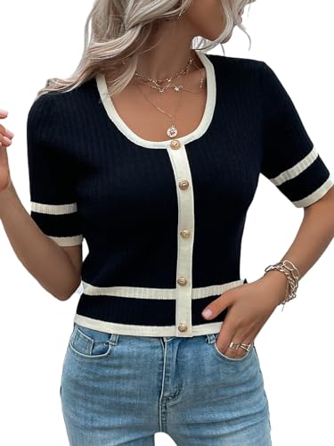 Milumia Women's Striped Button Up Cropped Short Sleeve Knit Tops