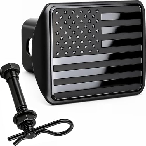eVerHITCH USA Stainless Steel Flag Emblem Metal Hitch Cover – Black, Includes Anti-Rattle Stainless Steel Pin Bolt, Fits 2" Receivers