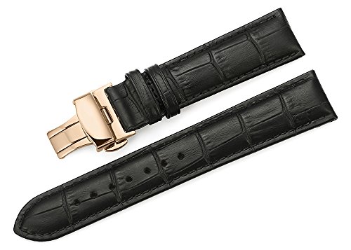 iStrap 18mm Calf Leather Watch Band Strap W/Rose Gold Steel Push Button Deployment Buckle Black