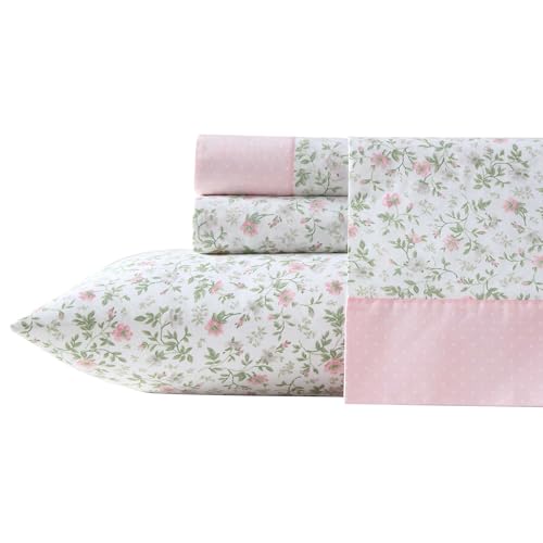 Image of Laura Ashley - Queen Size Sheet Set, Crisp & Lightweight Cotton Percale Bedding with Fitted Sheet and Pillowcases, Floral Room Decor, Deep Pocket, College Dorm Room Essentials (Bonnie Pink)