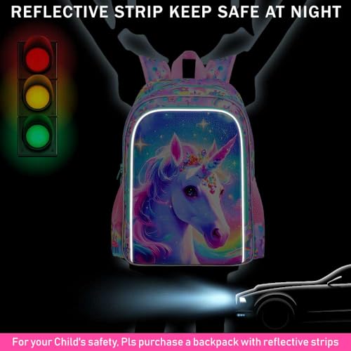 3PCS Girls Unicorn Backpack, 16" Kids Bookbag with Lunch Box, Water Resistant Elementary School Bag for Preschool Toddler3