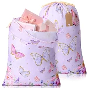 Blosssound 2 Pcs Butterfly Drawstring Gift Bags with Tags 28 Inch Extra Large Baby Shower Bag Reusable Fabric Butterfly Birthday Wrapping Bags for Butterfly Baby Shower Gender Reveal Supplies Decor