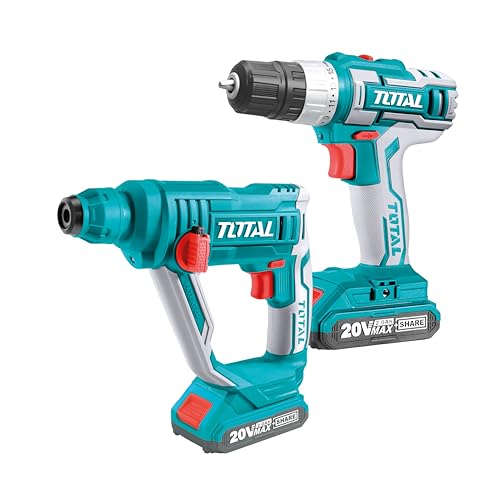 TOTAL - Confezione trapano avvitatore e martello combinato rotante a batteria P20S da 20 V, 15 posizioni di avvitamento, include 2 batterie da 2 Ah, caricatore e borsa