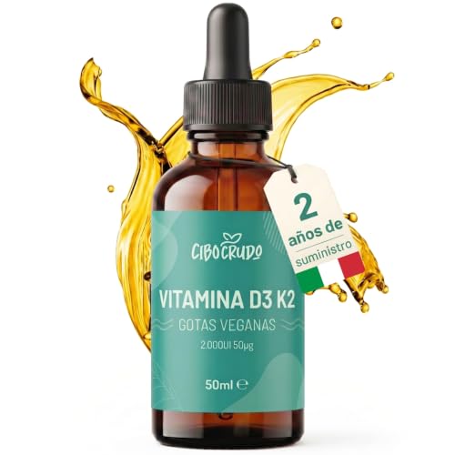 Cibocrudo Vitamina D3 y K2 Gotas 2000 UI - 50ml. Vitamina D3 y K2 MK7 líquida en Aceite de Oliva con Colecalciferol y Menaquinona 50 µg, para Huesos y Dientes. Vegana y sin gluten, para Adultos.