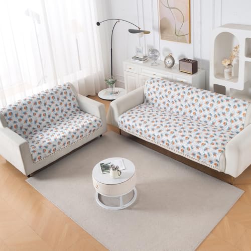 Image of HOKIPO Abstract Petals Quilted Sofa Cover 5 Seater with Tassels - (3+2) for Seat & Back | 'Tassel Twigs' Series (IN-991-T10 + IN-990-T10)